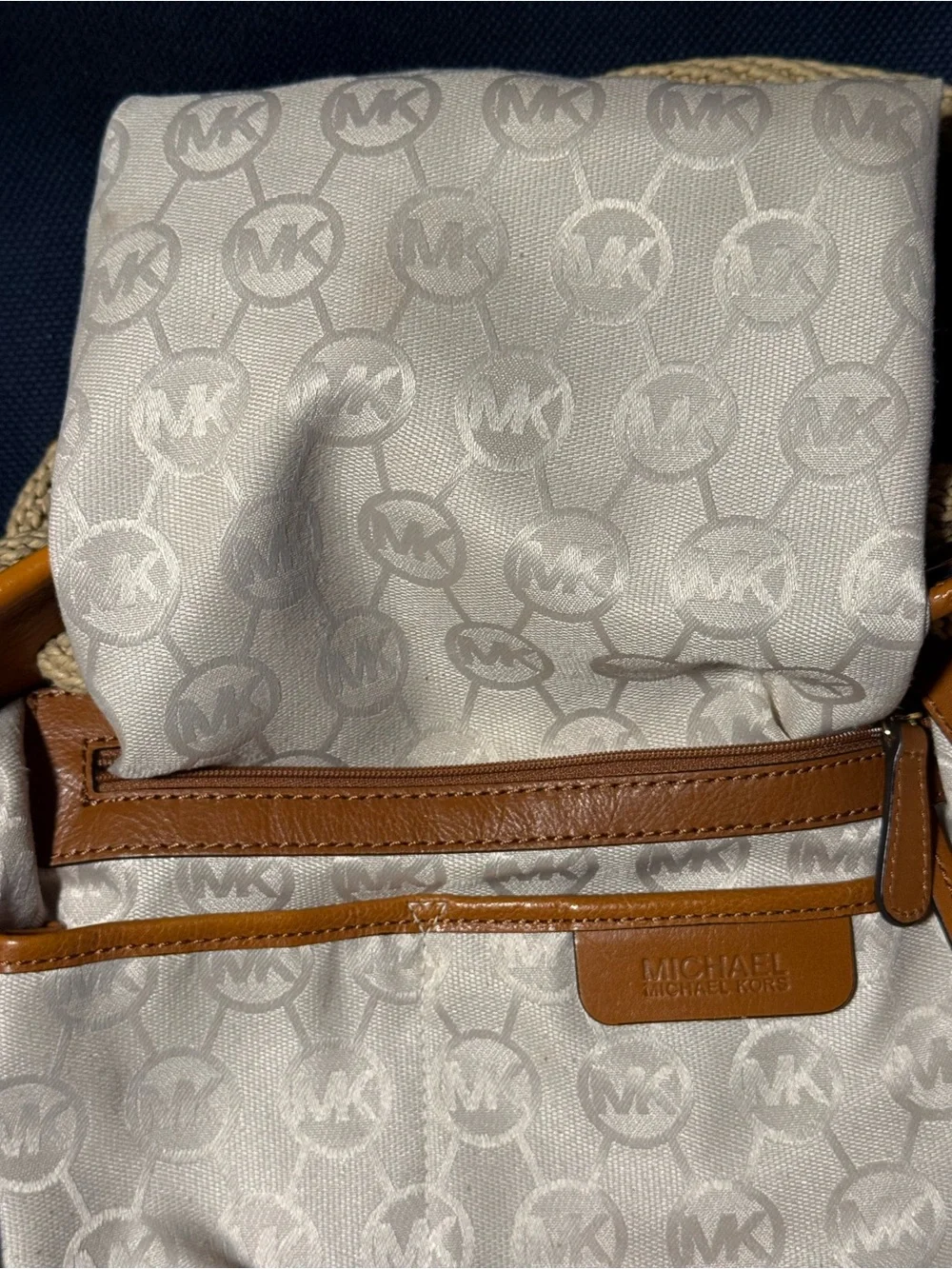 Michael Kors Navy Canvas Shoulder Bag with Tan Trim and Cream Rope Handles